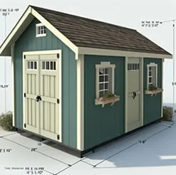 Labeled shed blueprint diagram with illustrated construction details